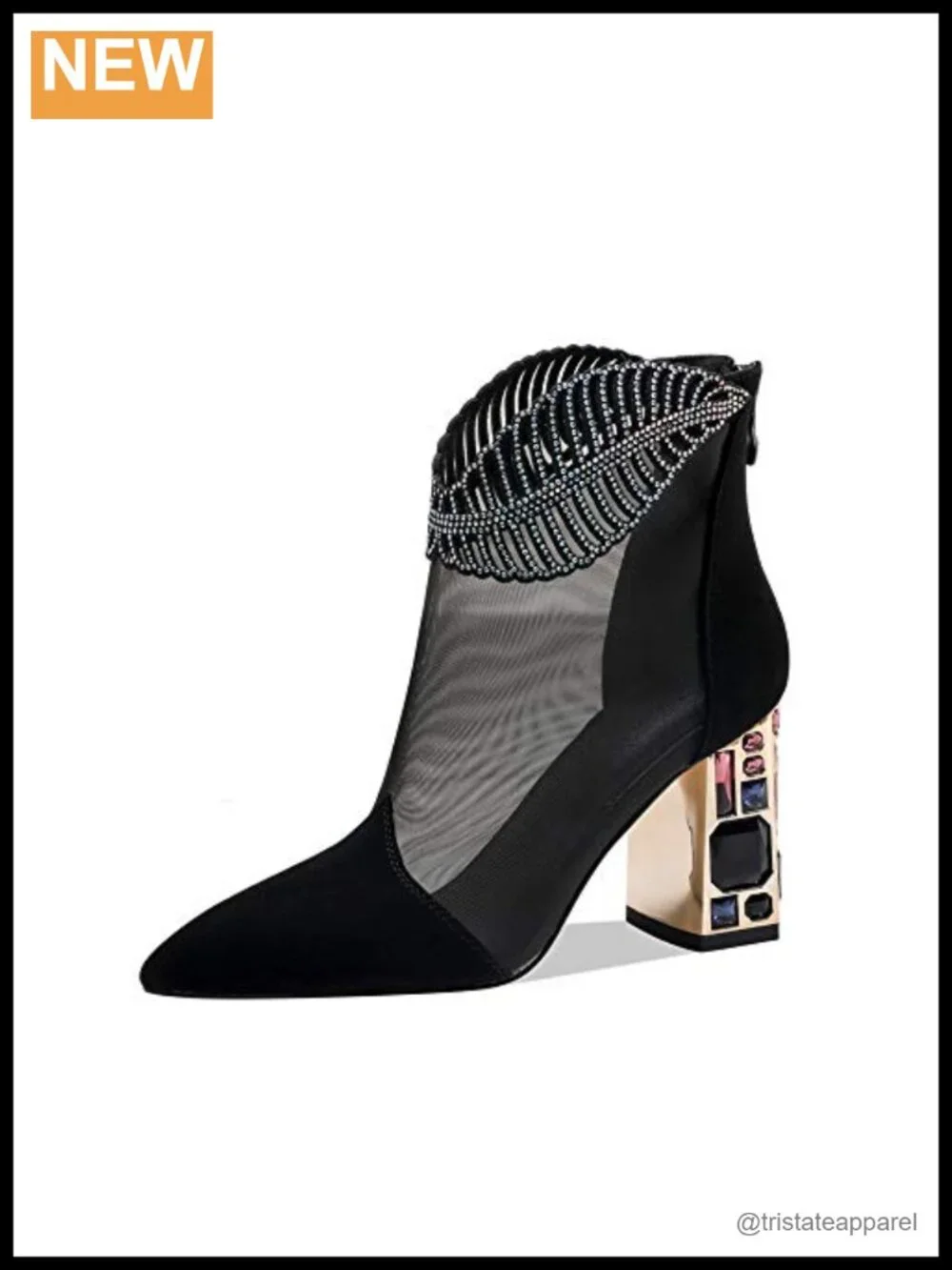 Chunky Heel Ankle Boots with Rhinestone Jewelry Pointed Toe Zip